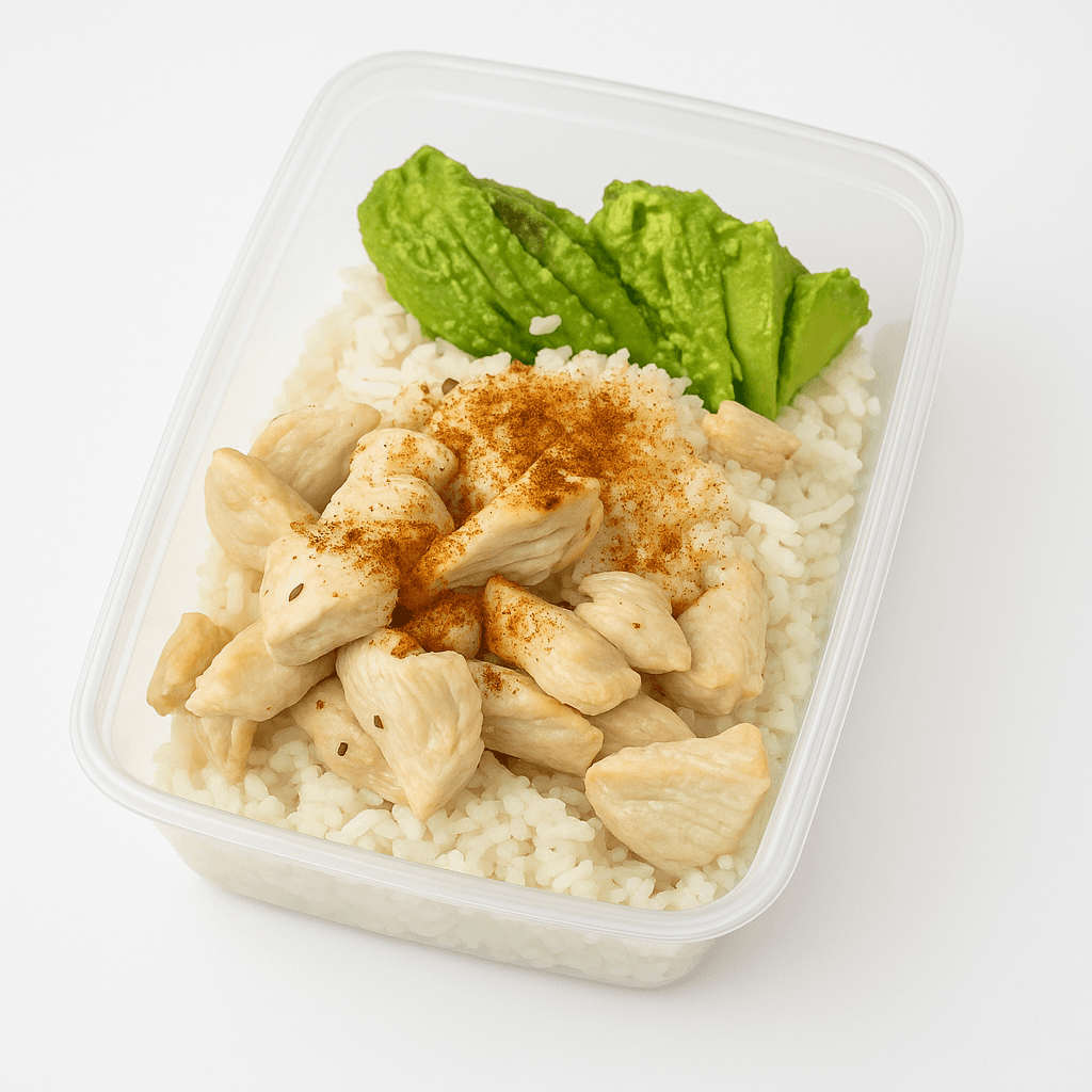 Healthy rice bowl with avocado and seasoned protein